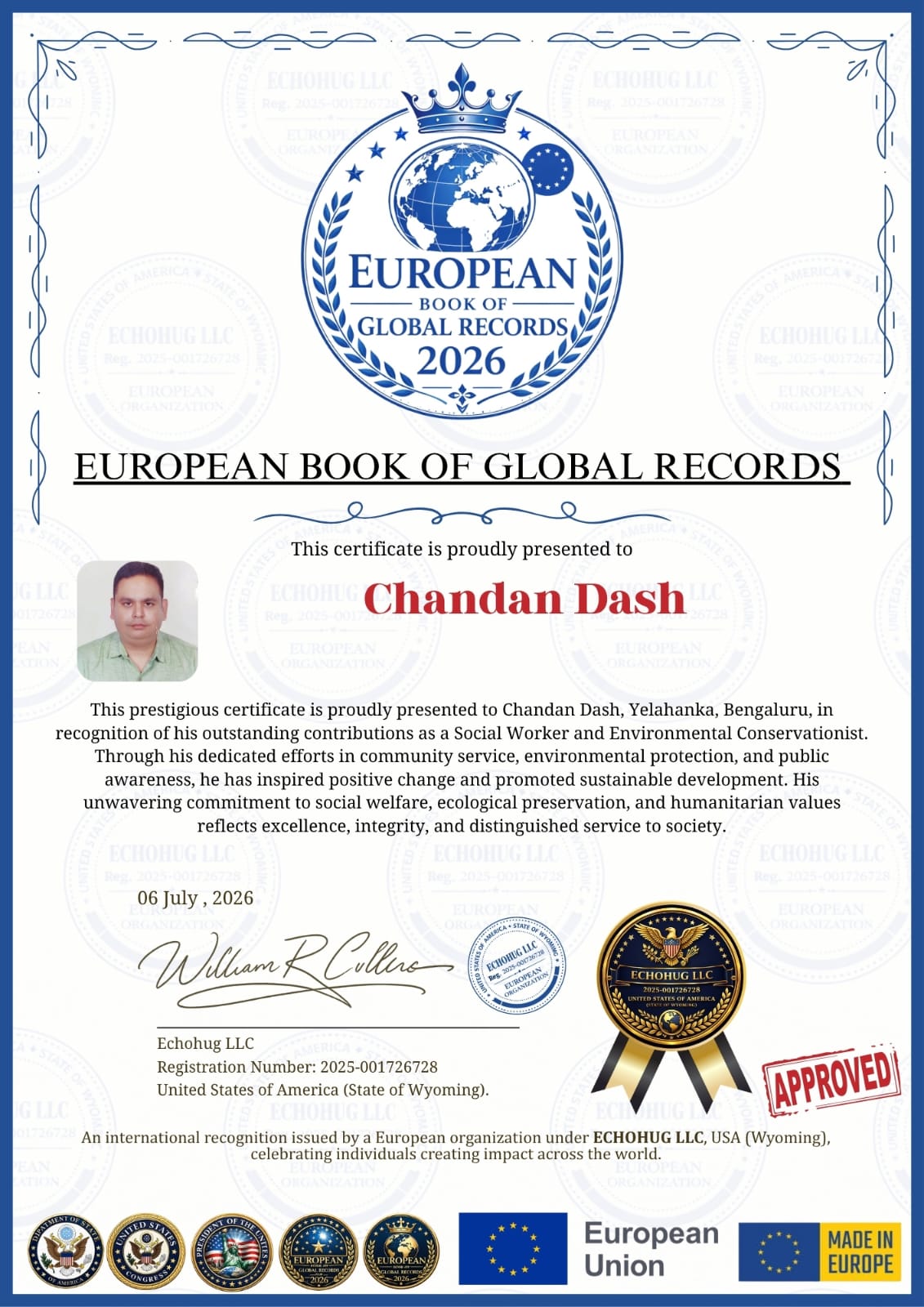 European Book of Global Records certificate