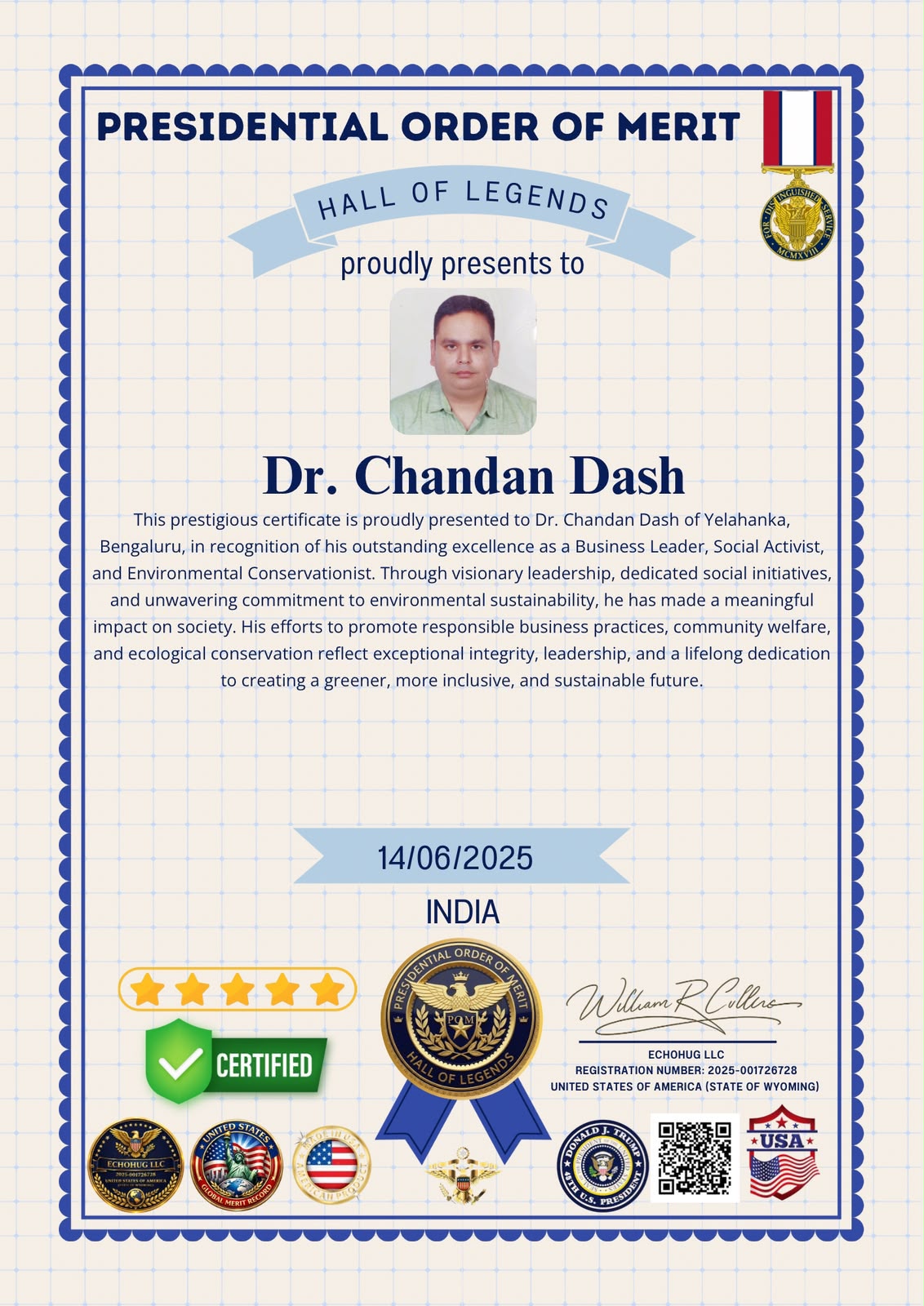 Presidential Order of Merit certificate